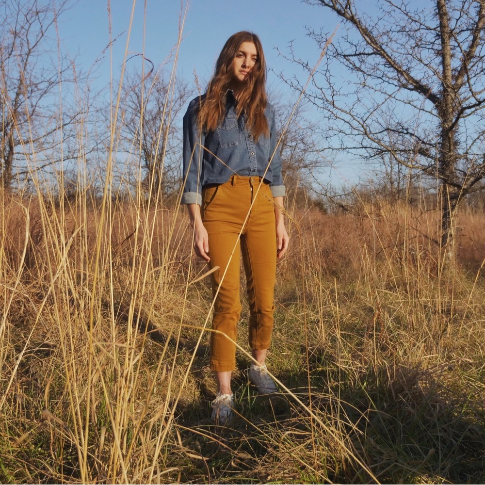 SOLD | Embroidered Everlane Slim Leg Crop | Size 00 | Brass/Mustard Brown - Picture 7 of 9